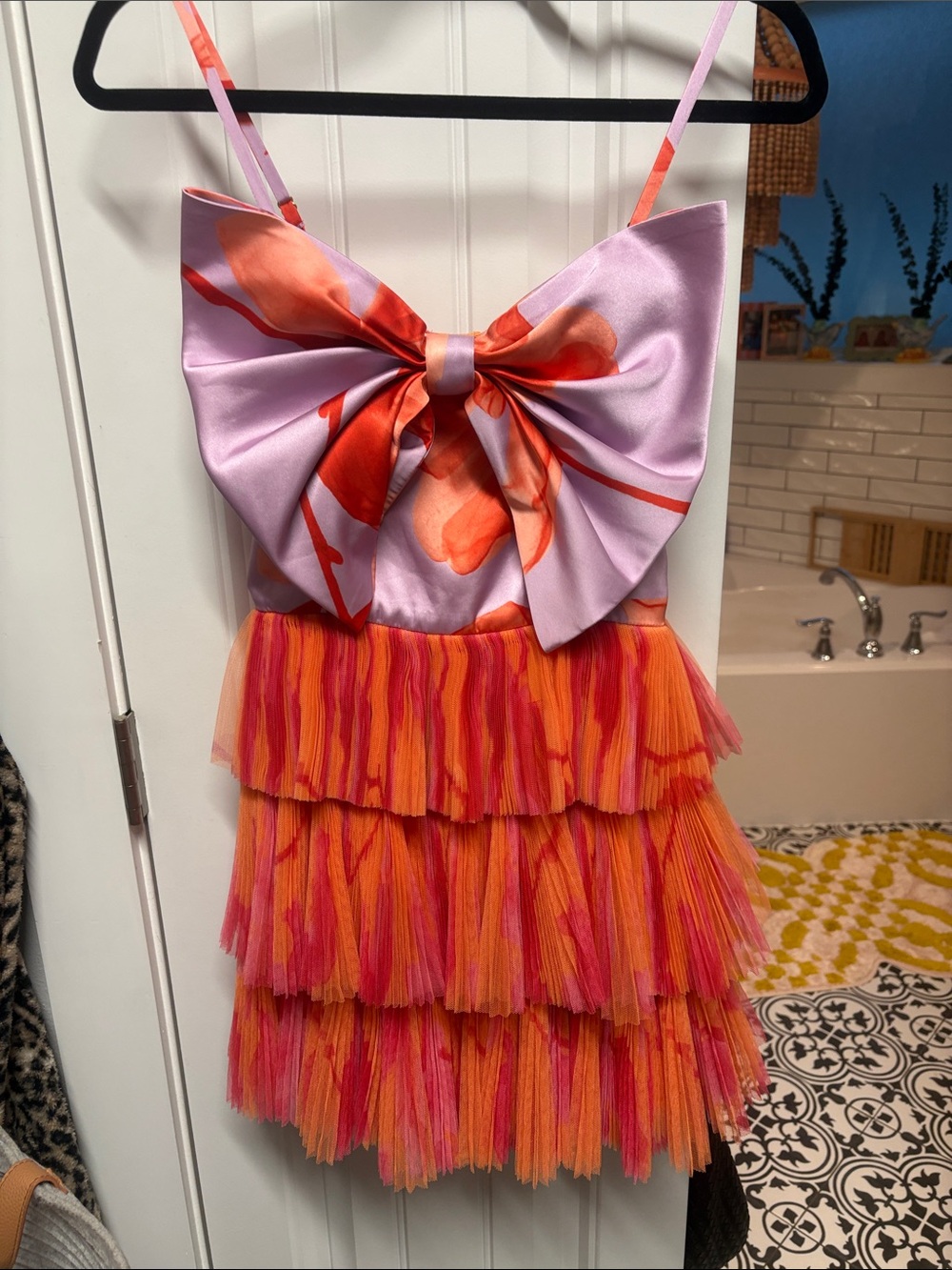 Women’s Satin Bow Party Dress - Pink & Orange